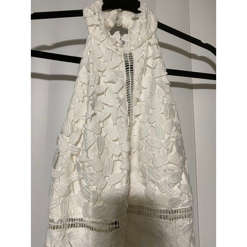 Bardot Gemma White Lace Halter Sheath Dress, high neck,sheer leaf-patterned lace - Picture 3 of 9